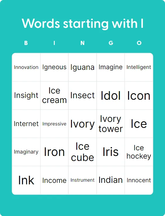 Words starting with I bingo card template