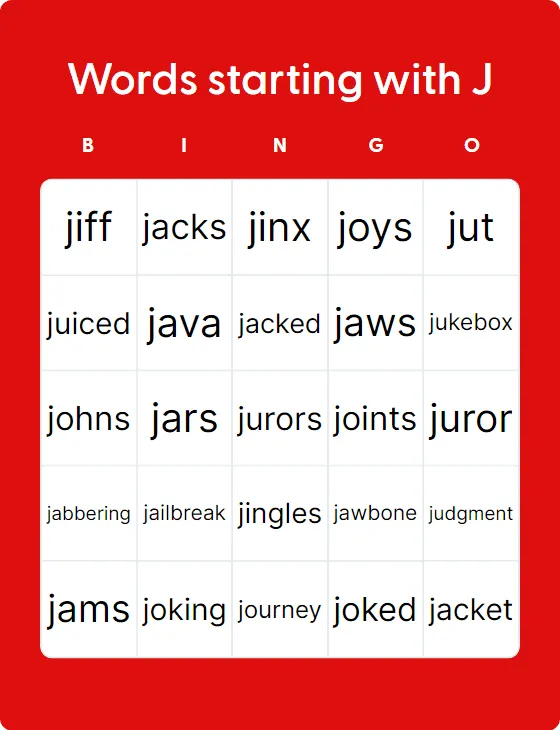 Words starting with J bingo card