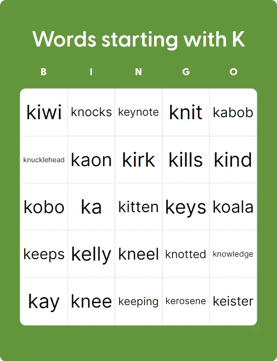 Words starting with K bingo card template