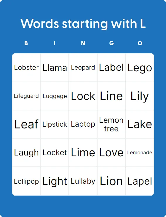 Words starting with L bingo card template