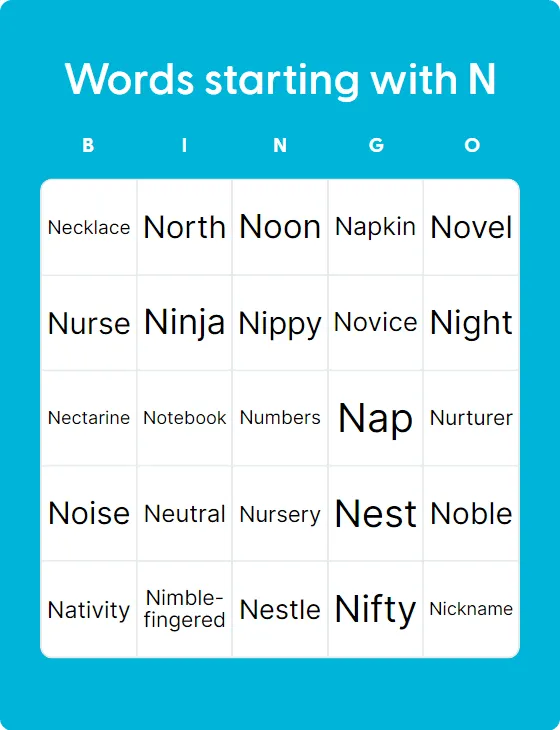 Words starting with N bingo card template
