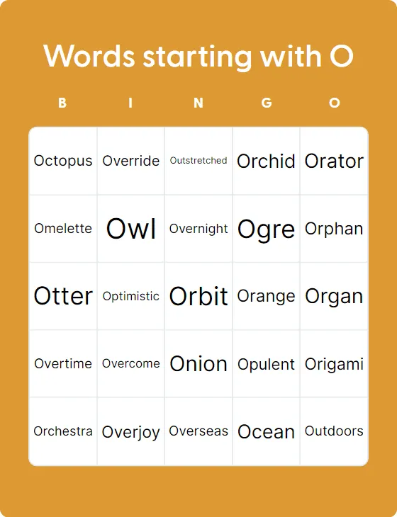 Words starting with O bingo card template
