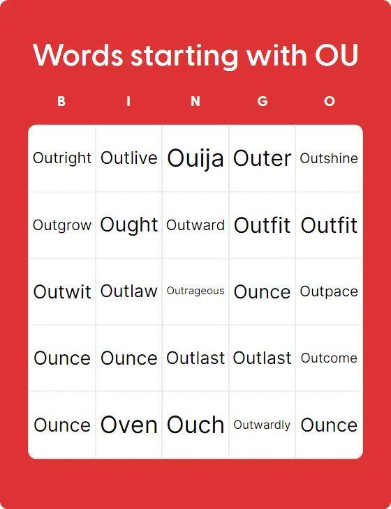 Words starting with OU bingo card