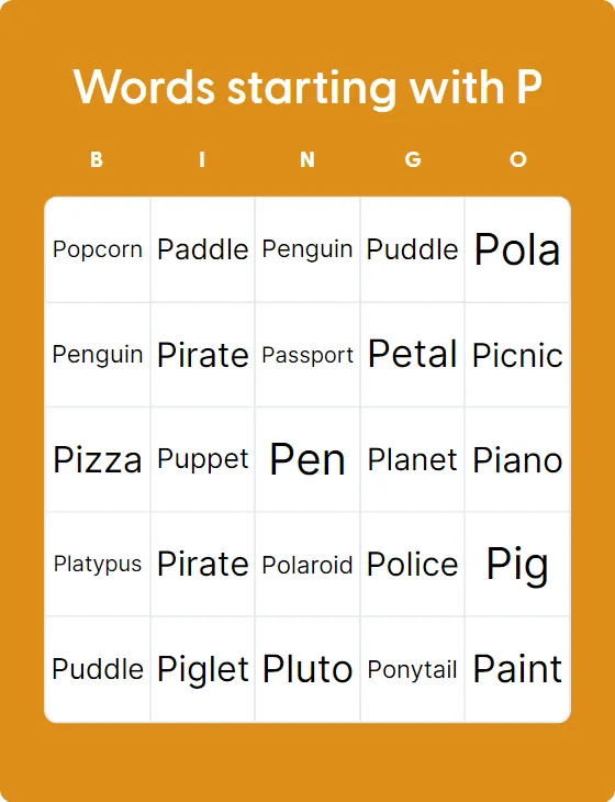 Words starting with P bingo card template