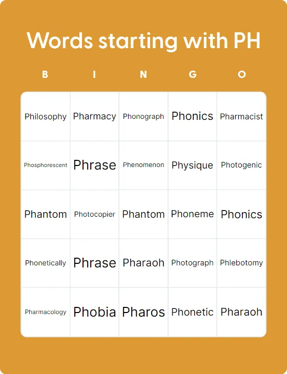 Words starting with PH bingo card