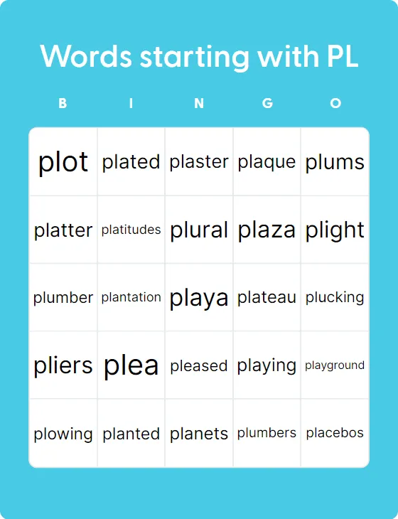 Words starting with PL bingo card