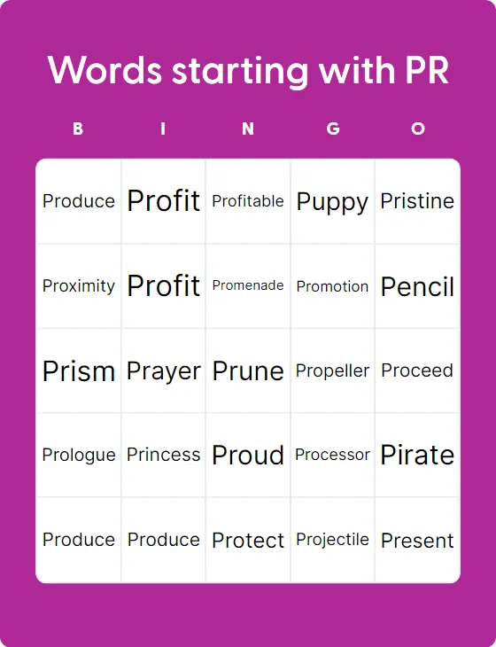 Words starting with PR bingo card template