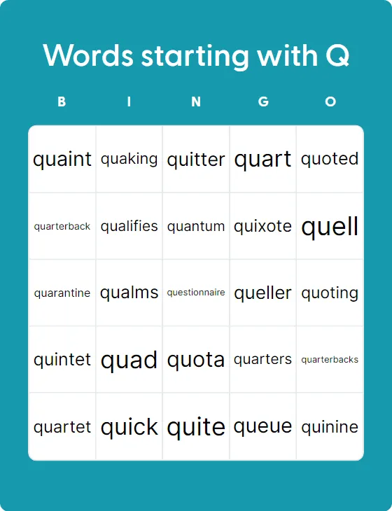 Words starting with Q bingo card template