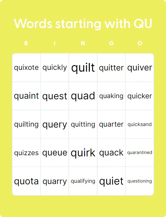 Words starting with QU bingo card