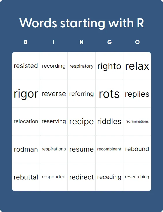 Words starting with R bingo card