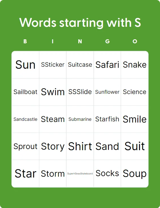 Words starting with S bingo card template