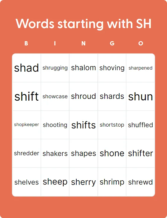 Words starting with SH bingo card template