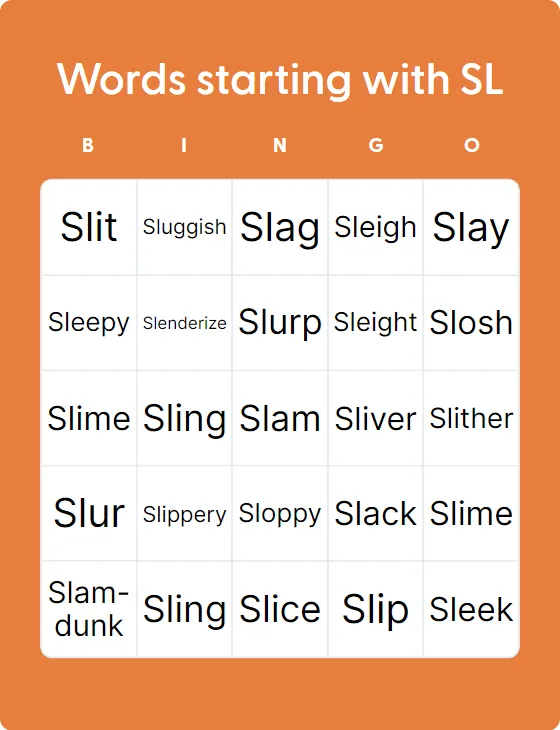 Words starting with SL bingo card template