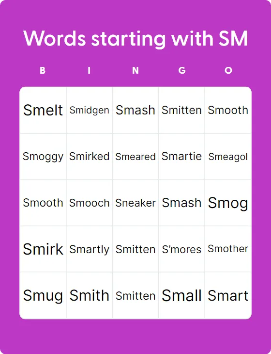 Words starting with SM bingo card