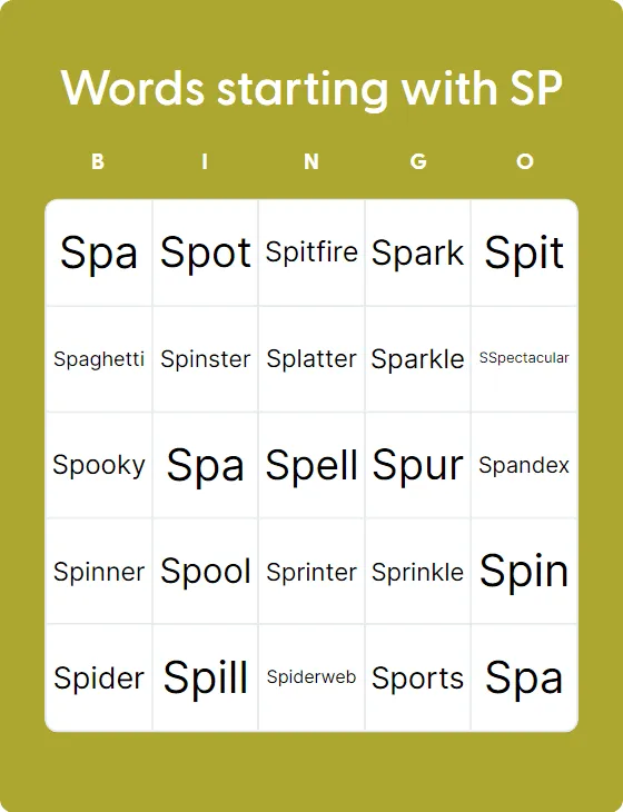 Words starting with SP bingo card