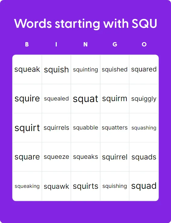 Words starting with SQU bingo card template
