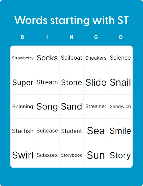 Words starting with ST bingo card template