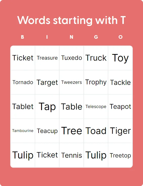 Words starting with T bingo card template