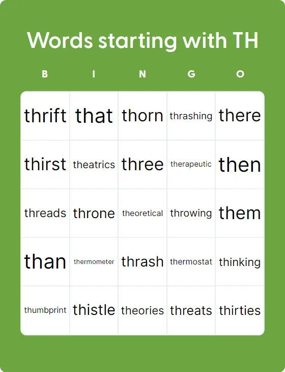 Words starting with TH bingo card template