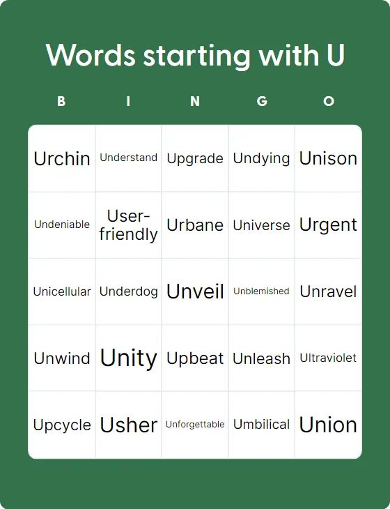 Words starting with U bingo card template