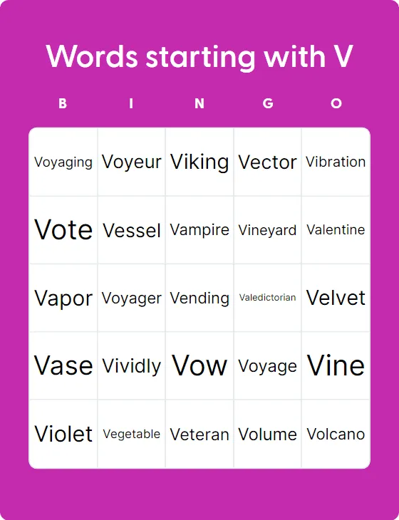Words starting with V bingo card