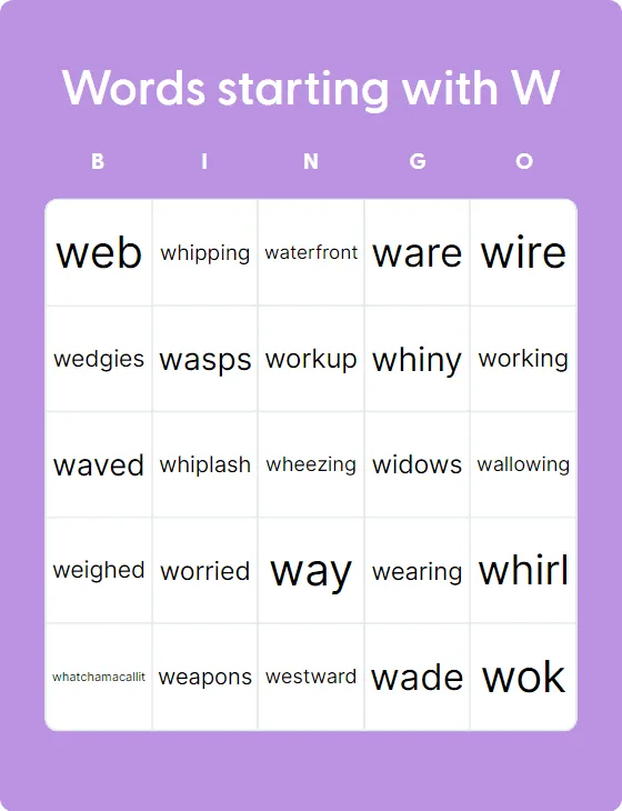Words starting with W bingo card template