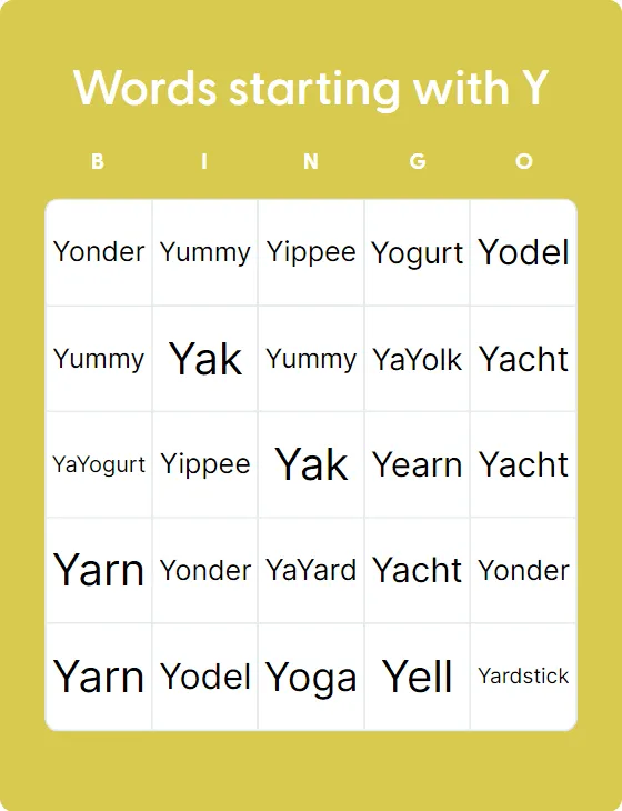 Words starting with Y bingo card template