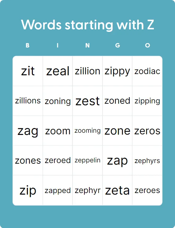 Words starting with Z bingo card template