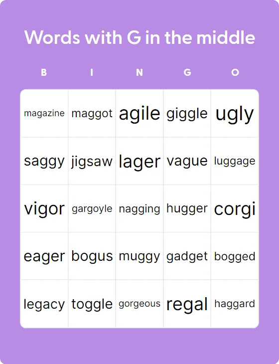 Words with G in the middle bingo card template