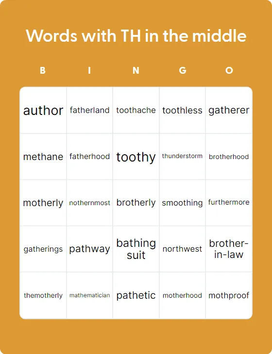 Words with TH in the middle bingo card template