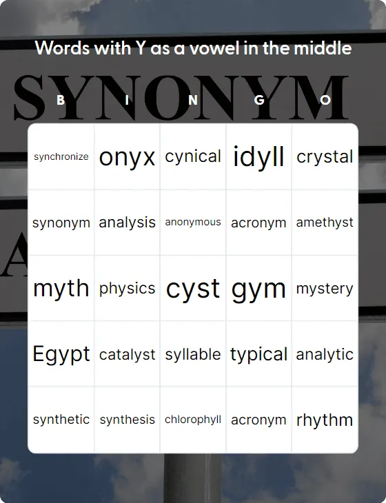 Words with Y as a vowel in the middle bingo card template