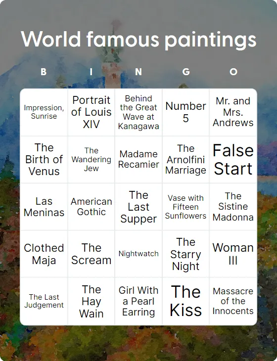 World famous paintings bingo card template