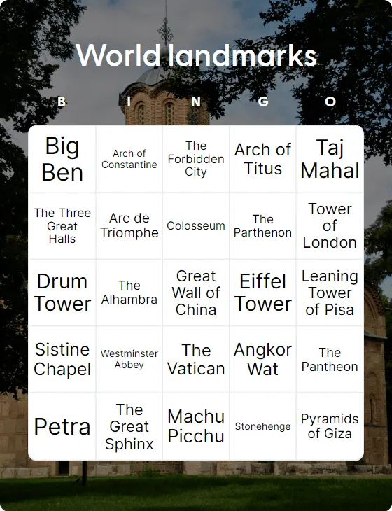 World landmarks bingo card template