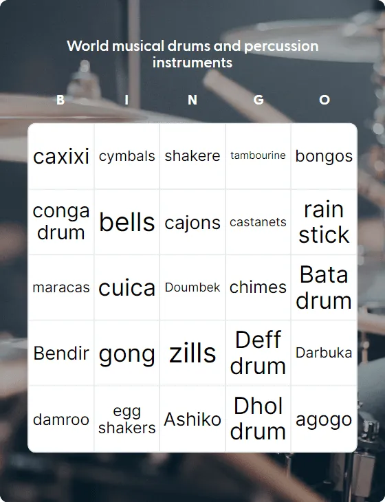 World musical drums and percussion instruments bingo card