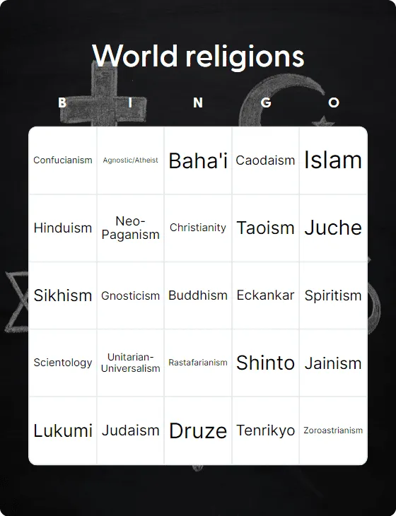 World religions bingo card