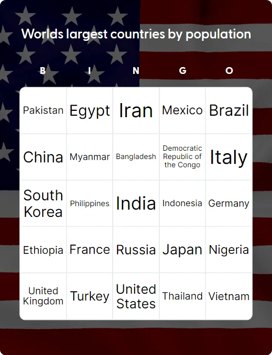 Worlds largest countries by population bingo card template