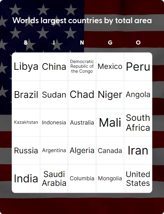 Worlds largest countries by total area bingo card