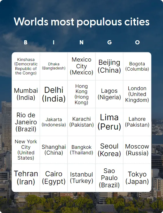 Worlds most populous cities bingo card template