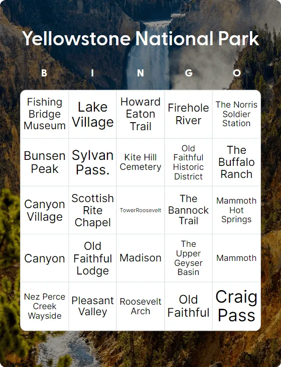 Yellowstone National Park bingo card
